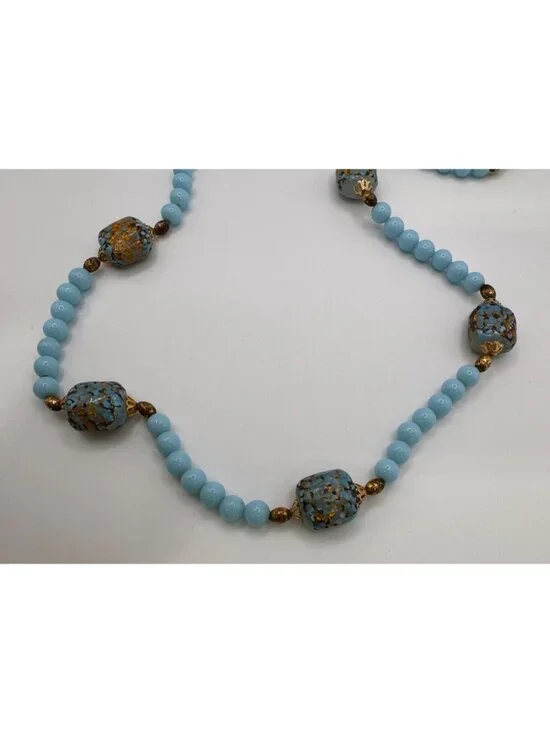 Blue Glass Lampwork Gold Foil Bead Necklace 24” Gold Tone Robins Egg Artisan - Picture 7 of 10